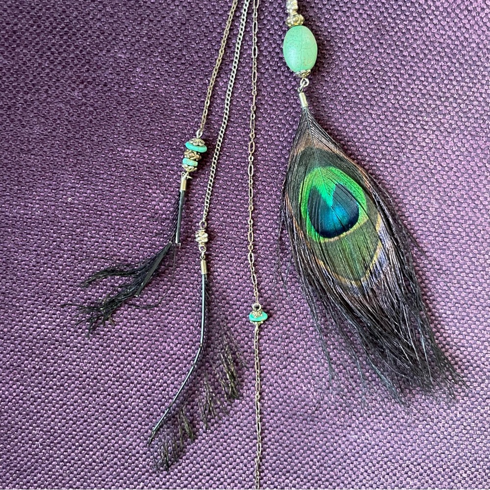 🦚 Peacock feather and chain earring long single handmade dangle - Picture 2 of 5